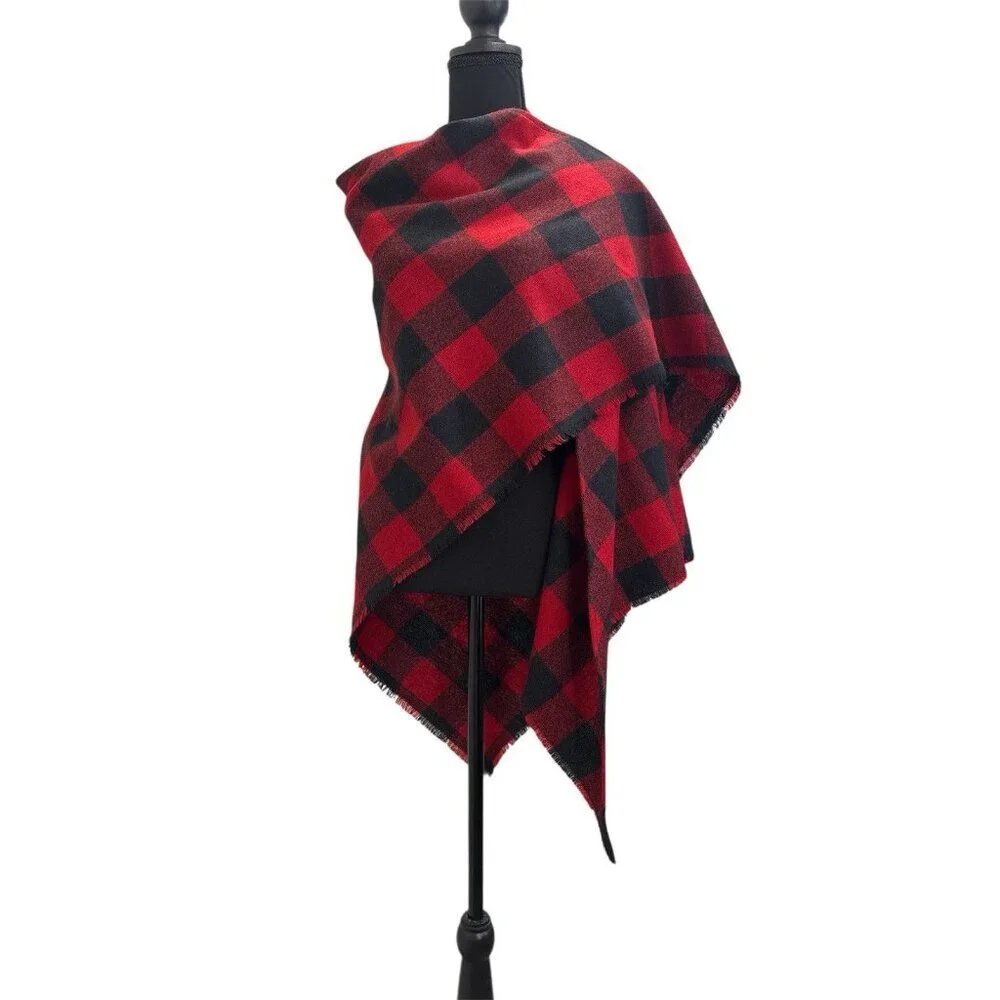 Halston III wool blend red black buffalo plaid shawl wrap vintage
